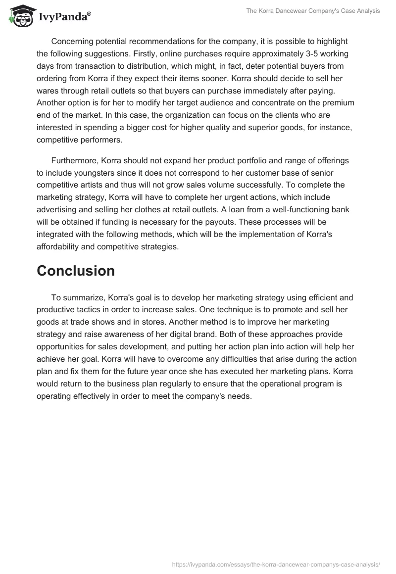 The Korra Dancewear Company's Case Analysis. Page 2