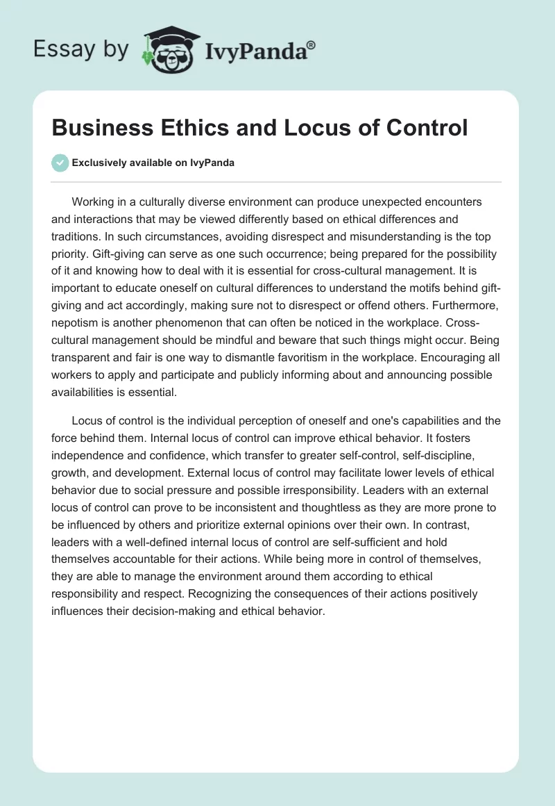 Business Ethics and Locus of Control. Page 1