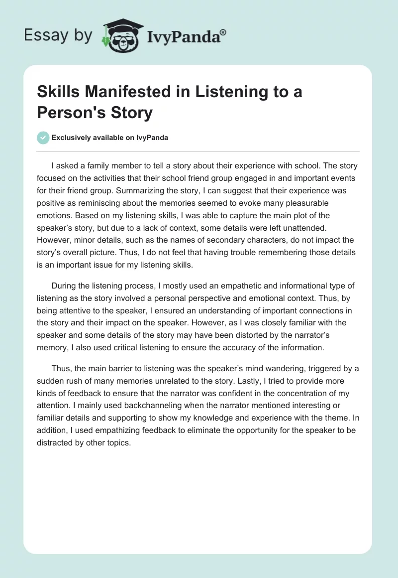 Skills Manifested in Listening to a Person's Story. Page 1