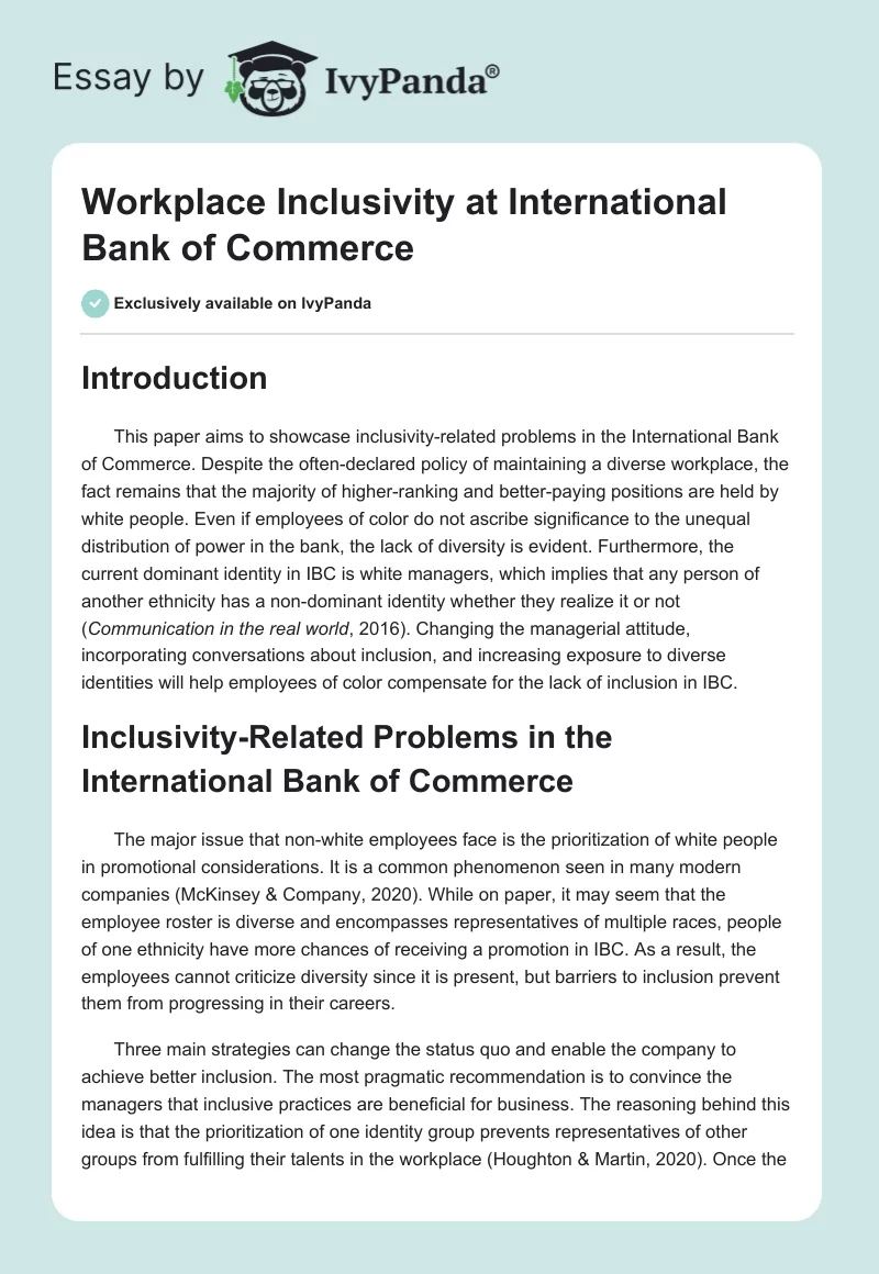 Workplace Inclusivity at International Bank of Commerce. Page 1