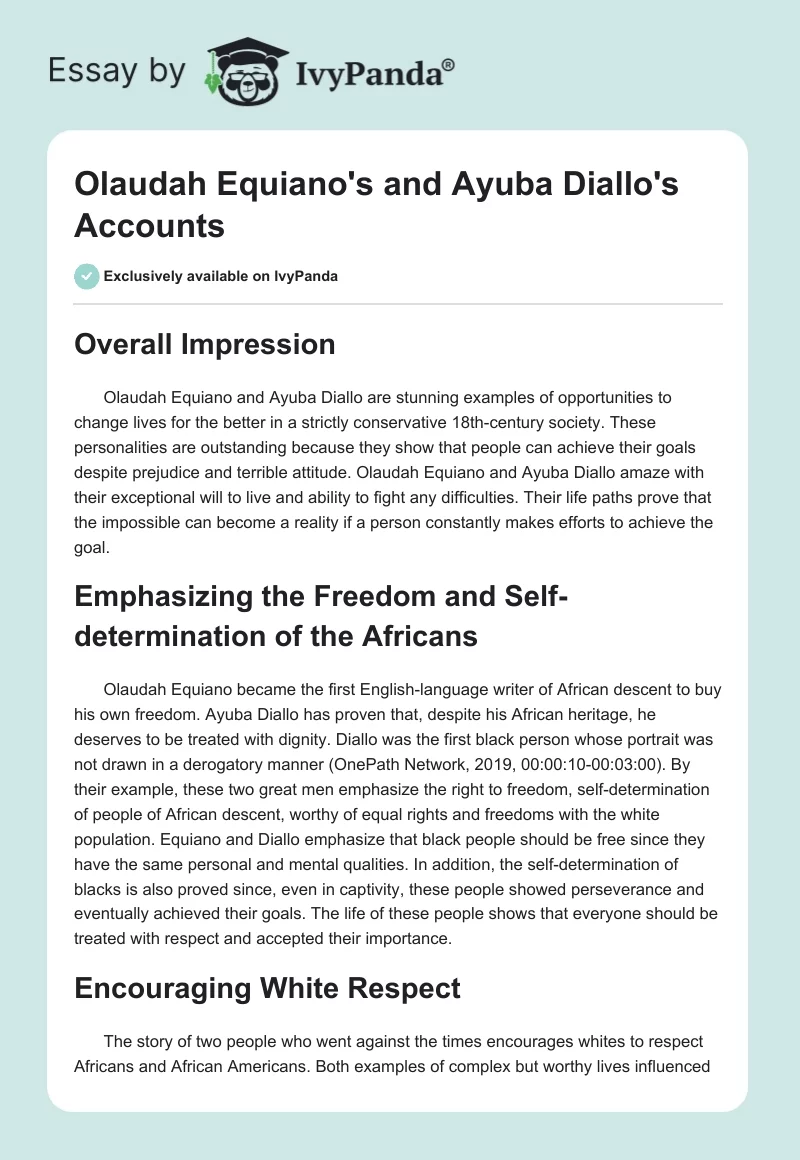 Olaudah Equiano's and Ayuba Diallo's Accounts. Page 1