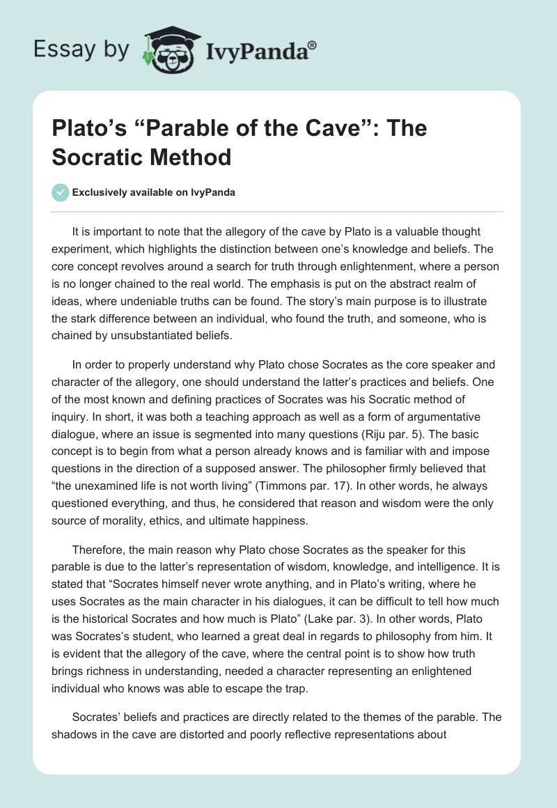 Plato’s “Parable of the Cave”: The Socratic Method. Page 1