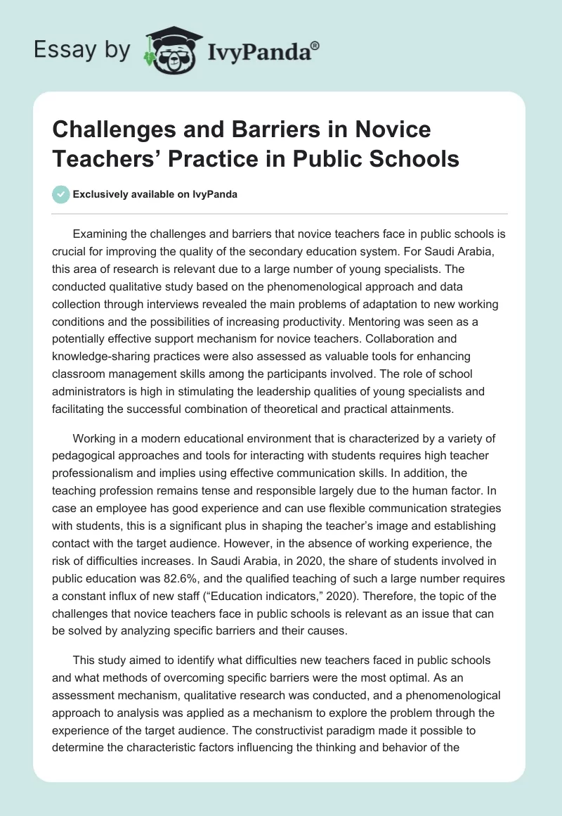 Challenges and Barriers in Novice Teachers’ Practice in Public Schools. Page 1