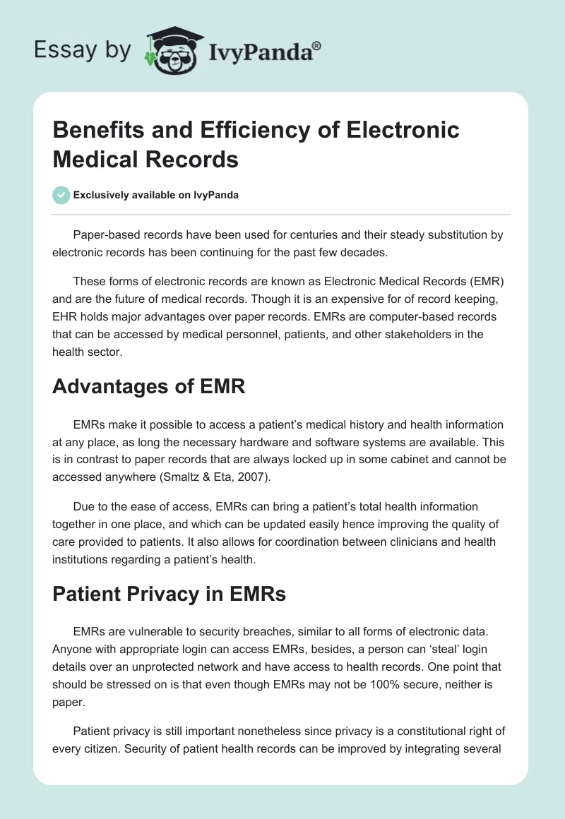 Benefits and Efficiency of Electronic Medical Records. Page 1