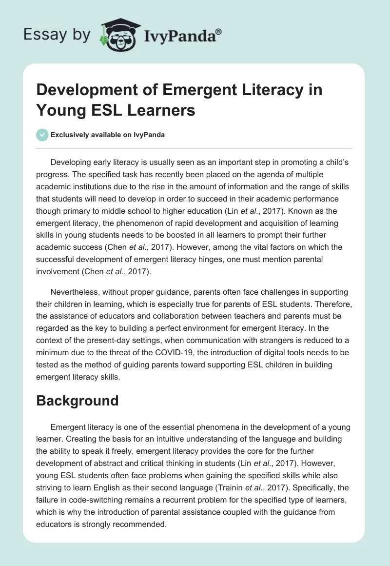Development of Emergent Literacy in Young ESL Learners. Page 1
