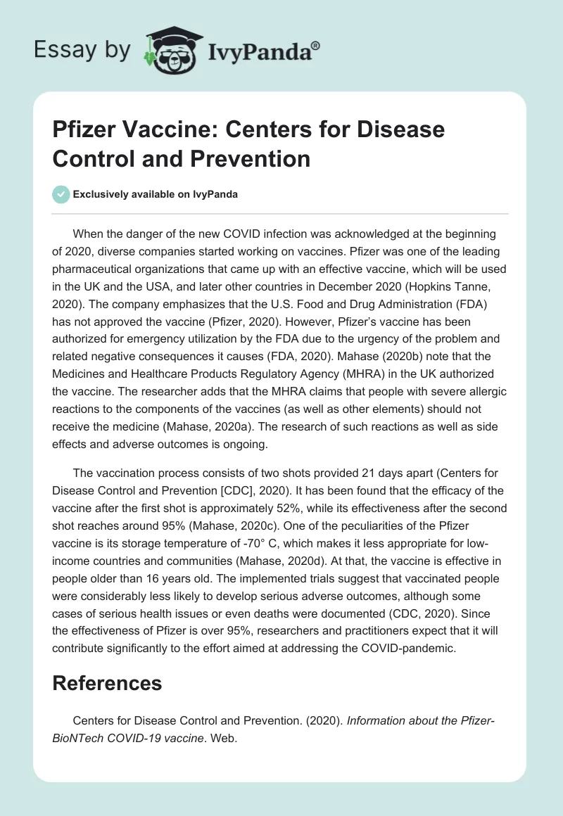 Pfizer Vaccine: Centers for Disease Control and Prevention. Page 1