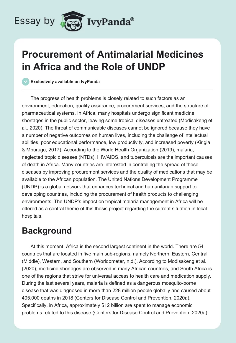 Procurement of Antimalarial Medicines in Africa and the Role of UNDP. Page 1
