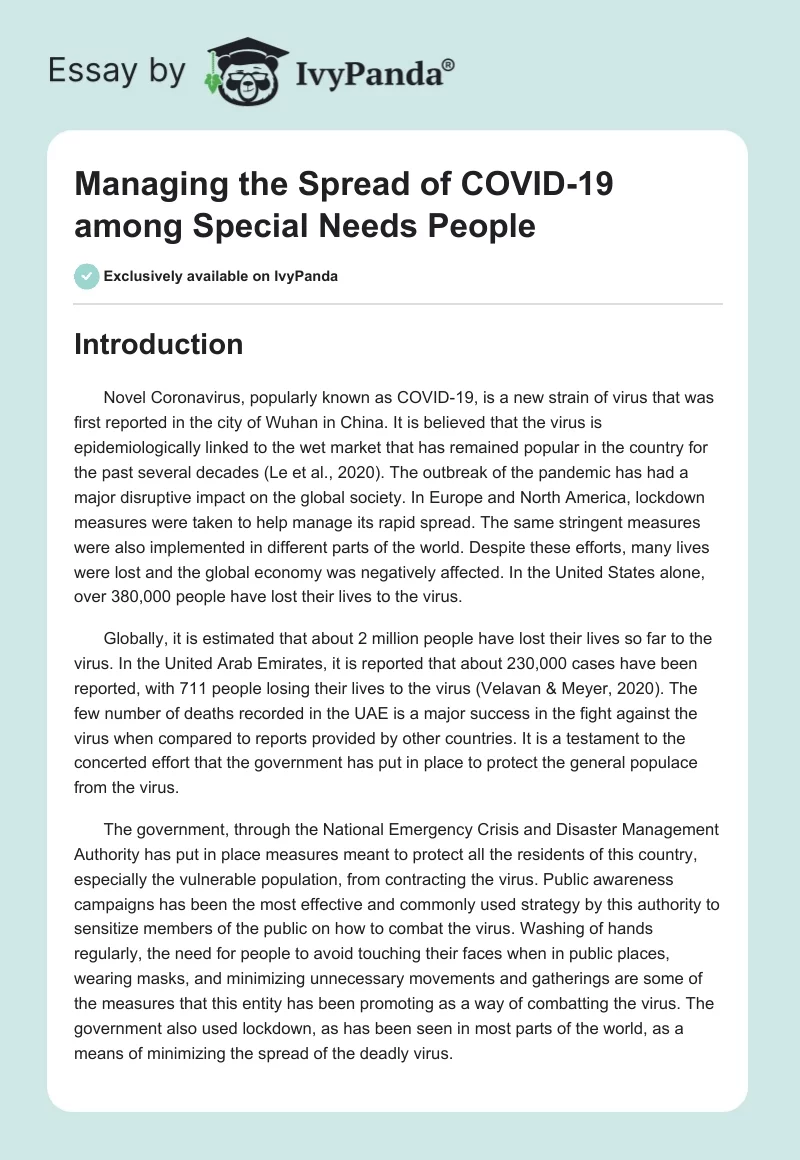 Managing the Spread of COVID-19 Among Special Needs People. Page 1