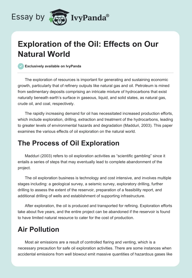 Exploration of the Oil: Effects on Our Natural World. Page 1