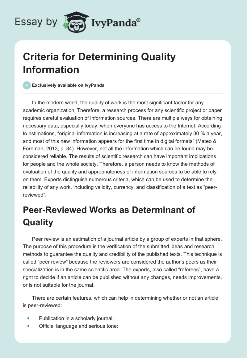Criteria for Determining Quality Information. Page 1
