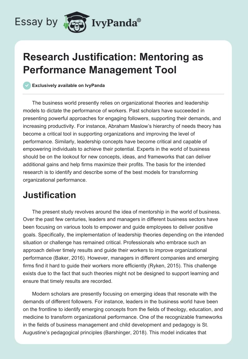 Research Justification: Mentoring as Performance Management Tool. Page 1