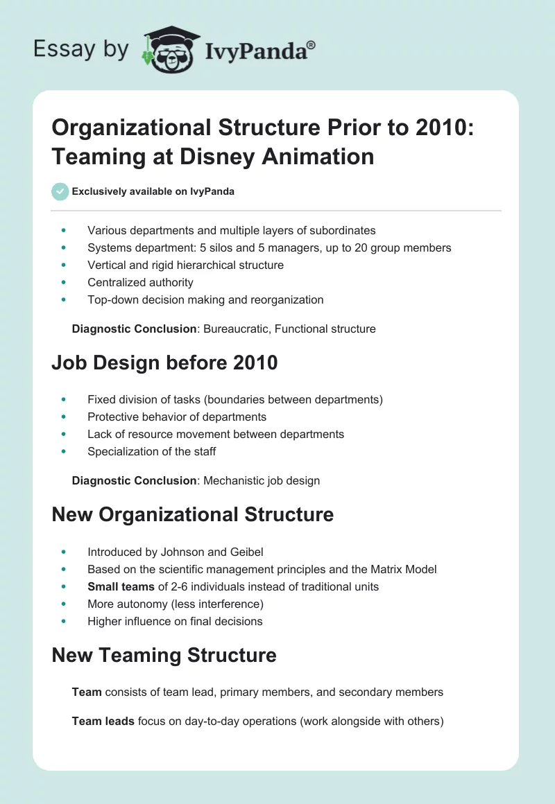Organizational Structure Prior to 2010: Teaming at Disney Animation. Page 1