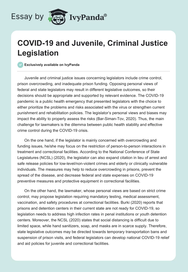 COVID-19 and Juvenile, Criminal Justice Legislation. Page 1