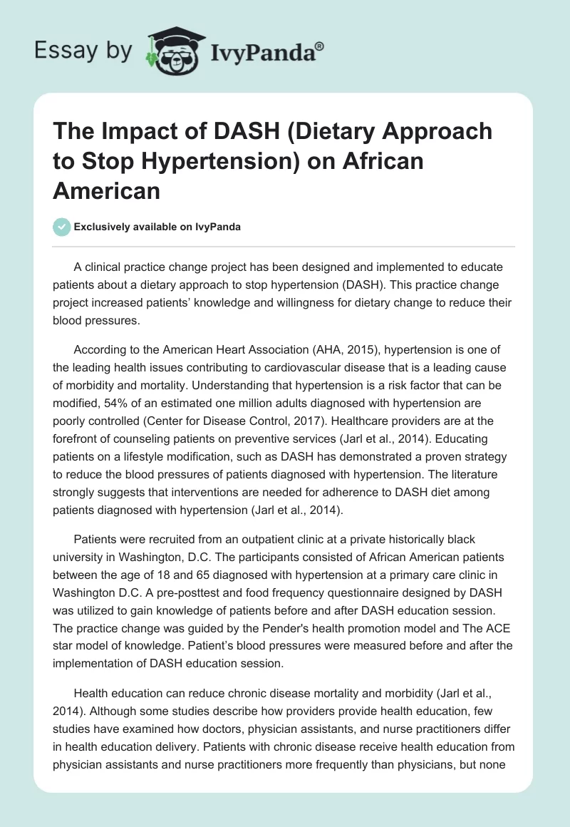 The Impact of DASH (Dietary Approach to Stop Hypertension) on African American. Page 1