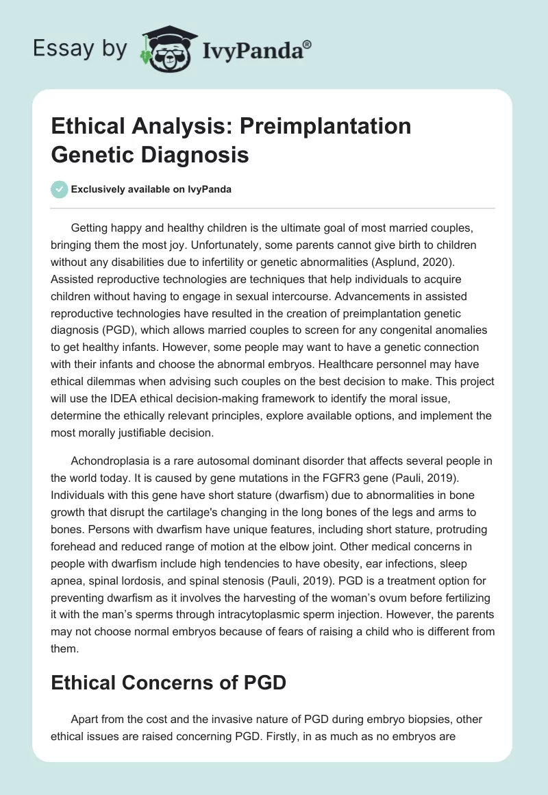 Ethical Analysis: Preimplantation Genetic Diagnosis. Page 1