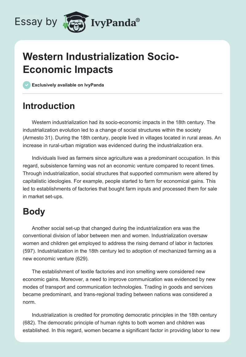 Western Industrialization Socio-Economic Impacts. Page 1