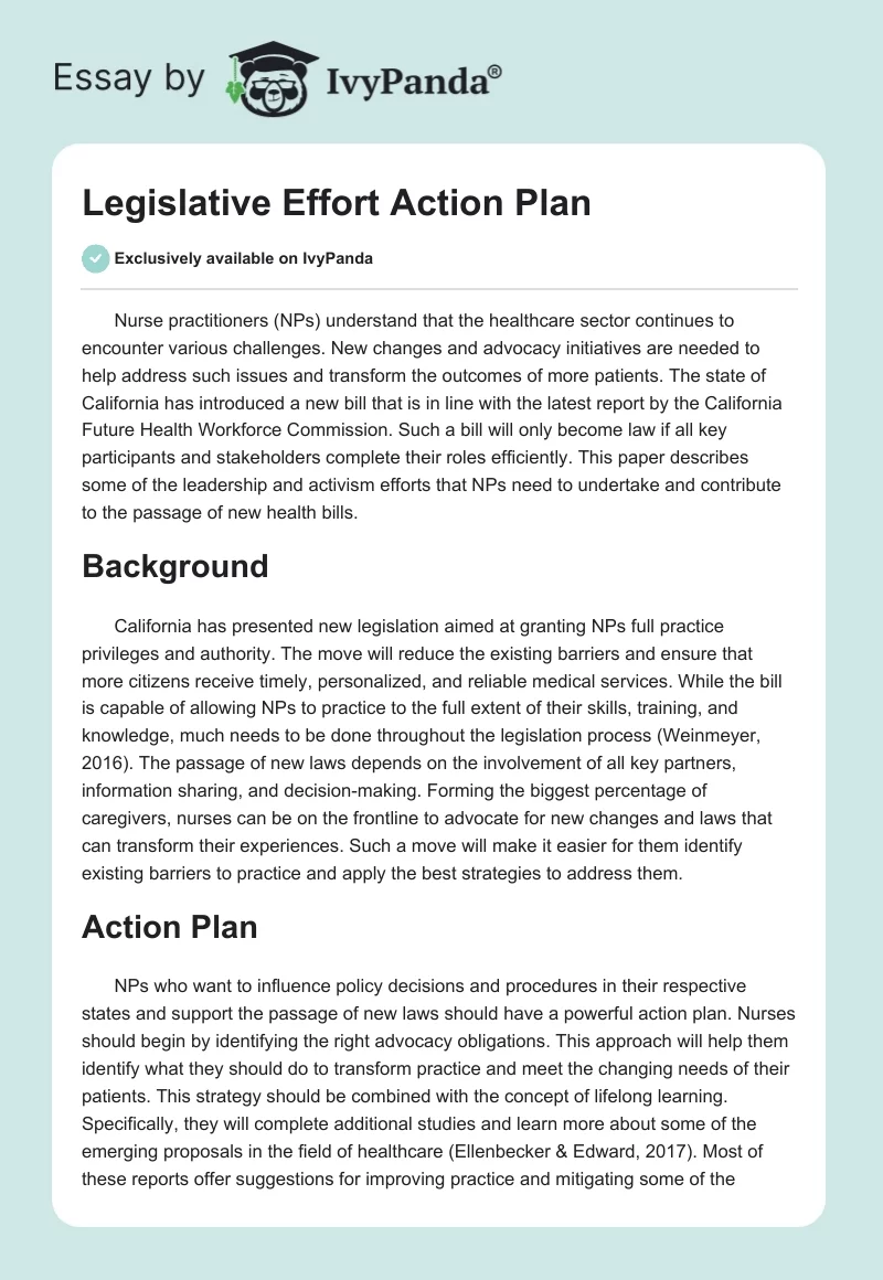 Legislative Effort Action Plan. Page 1