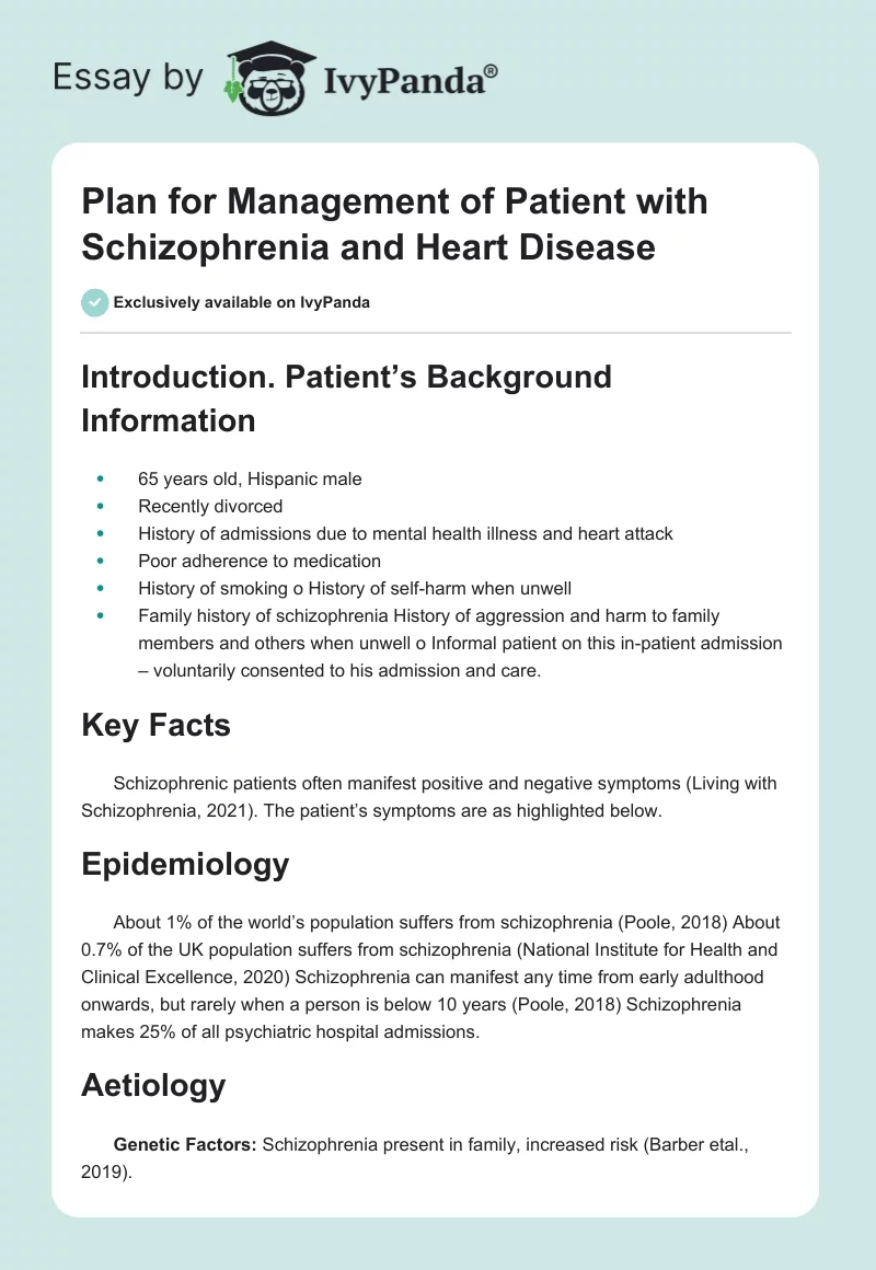 Plan for Management of Patient with Schizophrenia and Heart Disease. Page 1