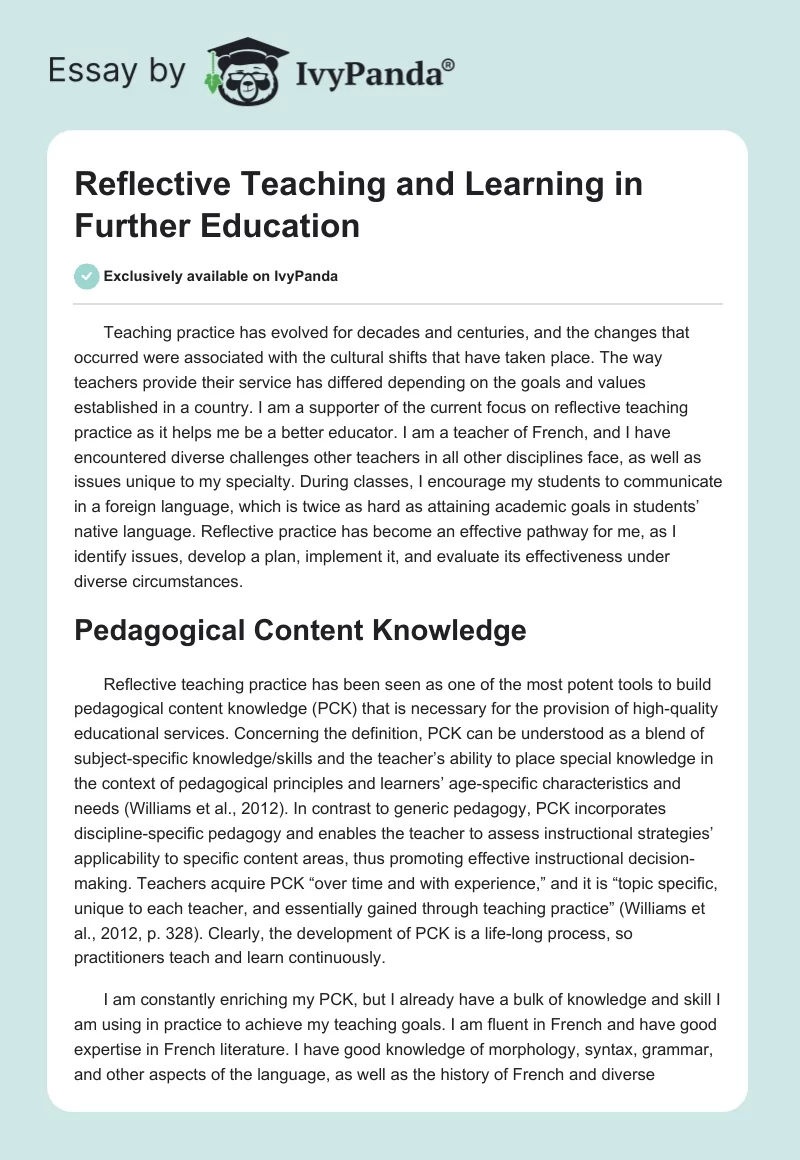 Reflective Teaching and Learning in Further Education. Page 1