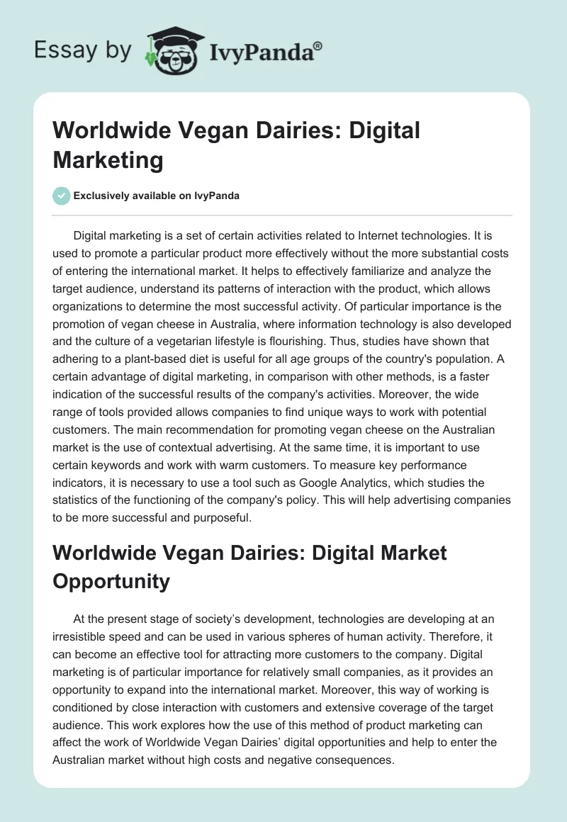 Worldwide Vegan Dairies: Digital Marketing. Page 1