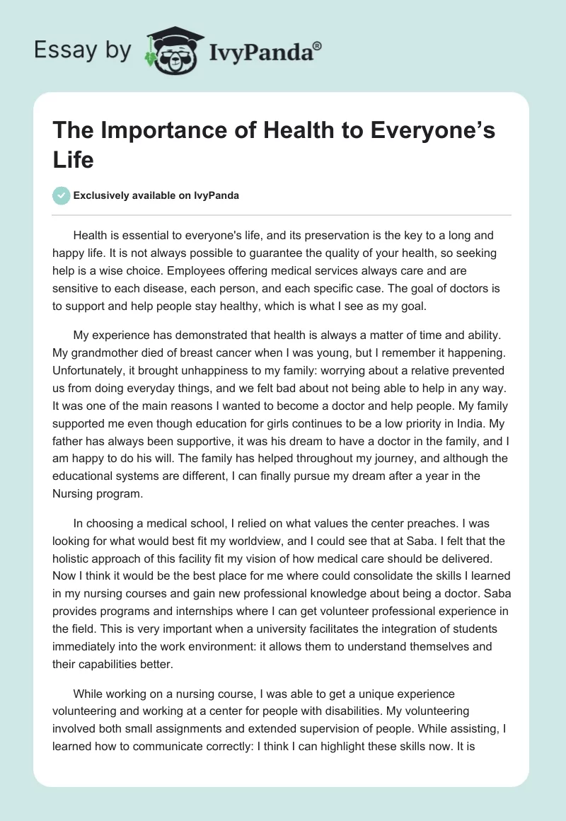 The Importance of Health to Everyone’s Life. Page 1
