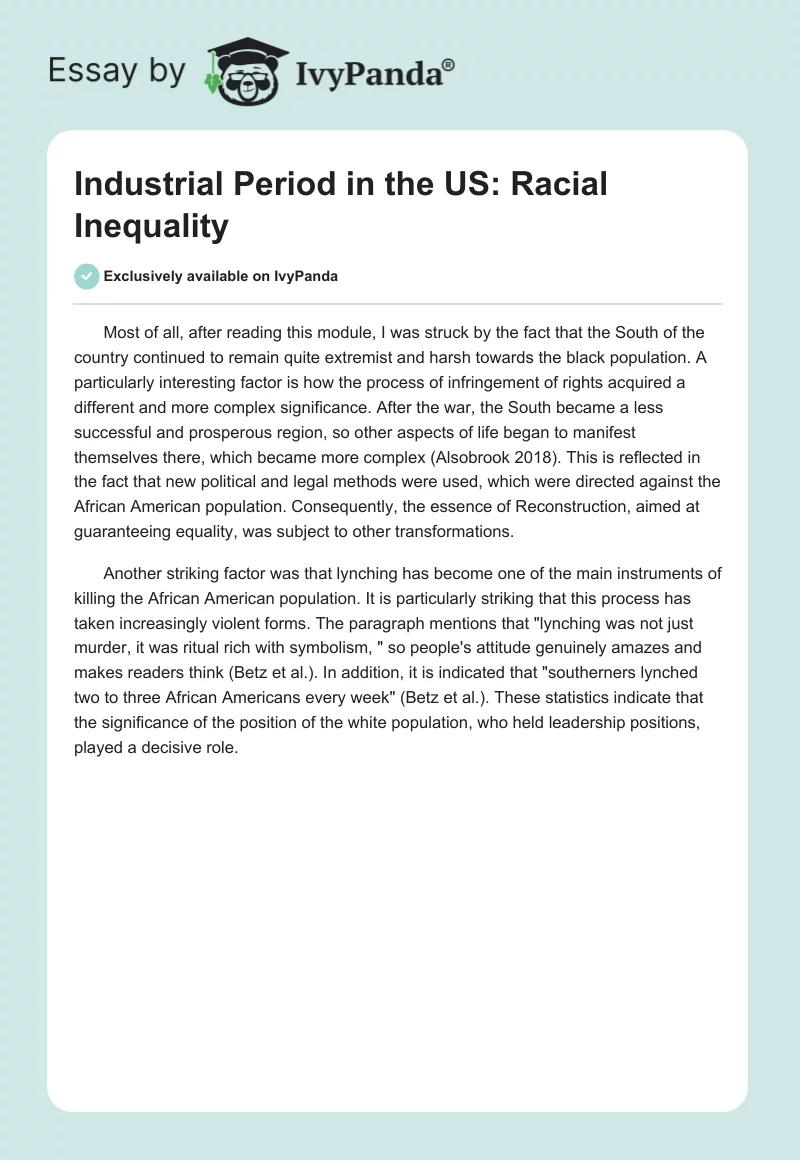 Industrial Period in the US: Racial Inequality. Page 1
