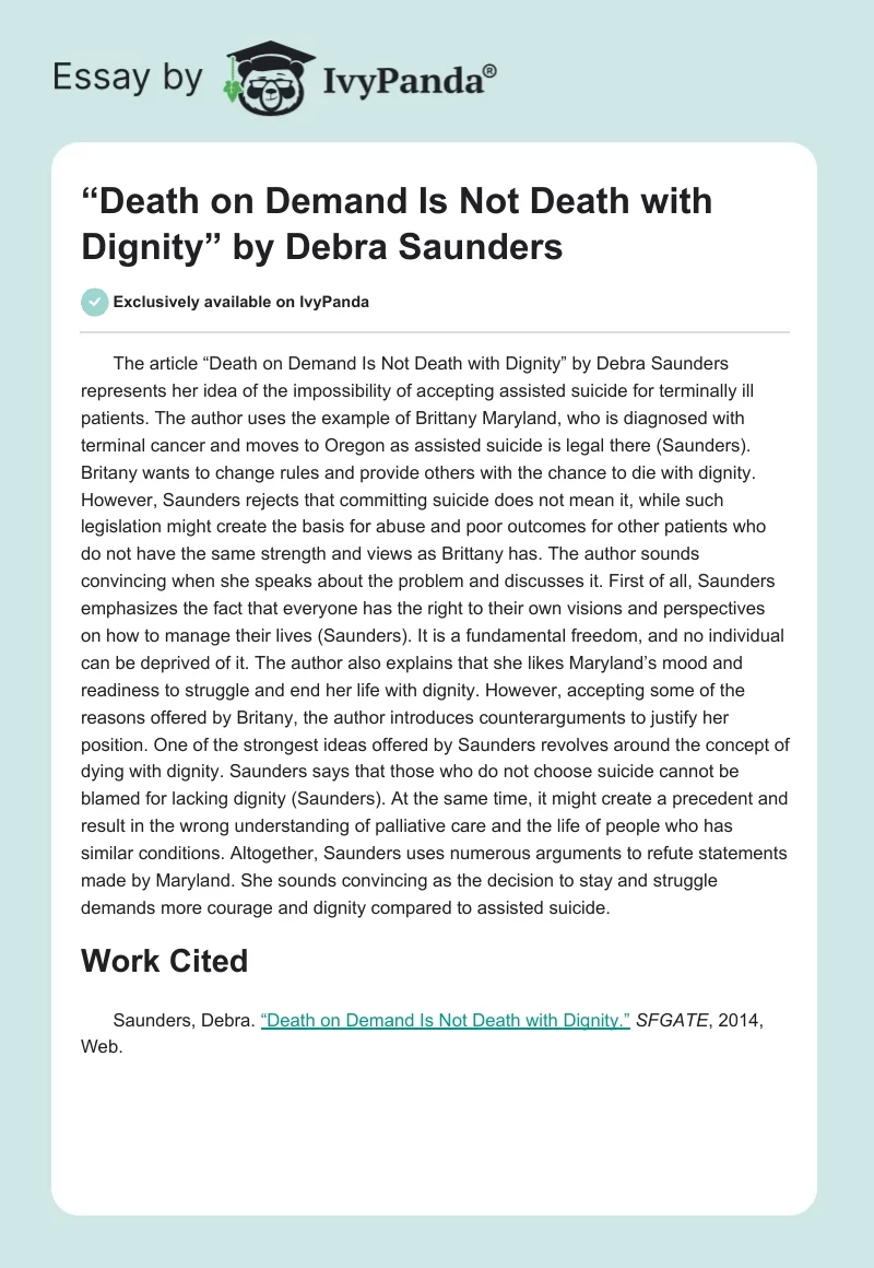 “Death on Demand Is Not Death With Dignity” by Debra Saunders. Page 1