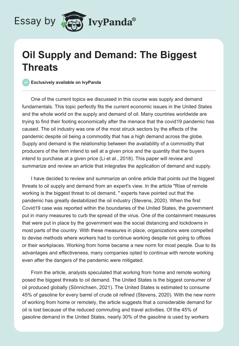 Oil Supply and Demand: The Biggest Threats. Page 1
