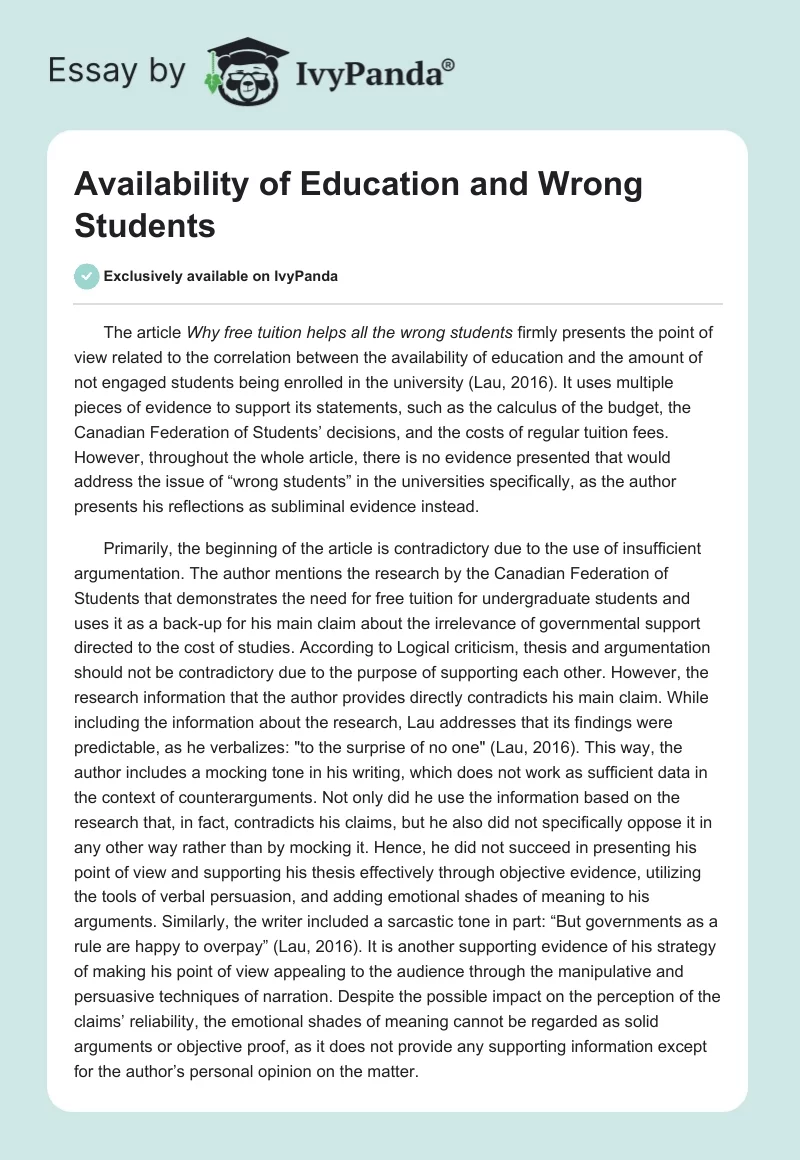 Availability of Education and Wrong Students. Page 1