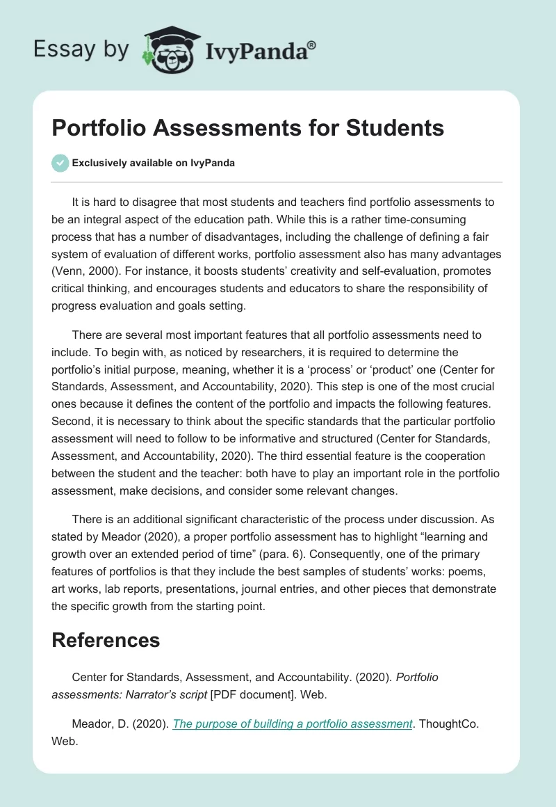Portfolio Assessments for Students. Page 1