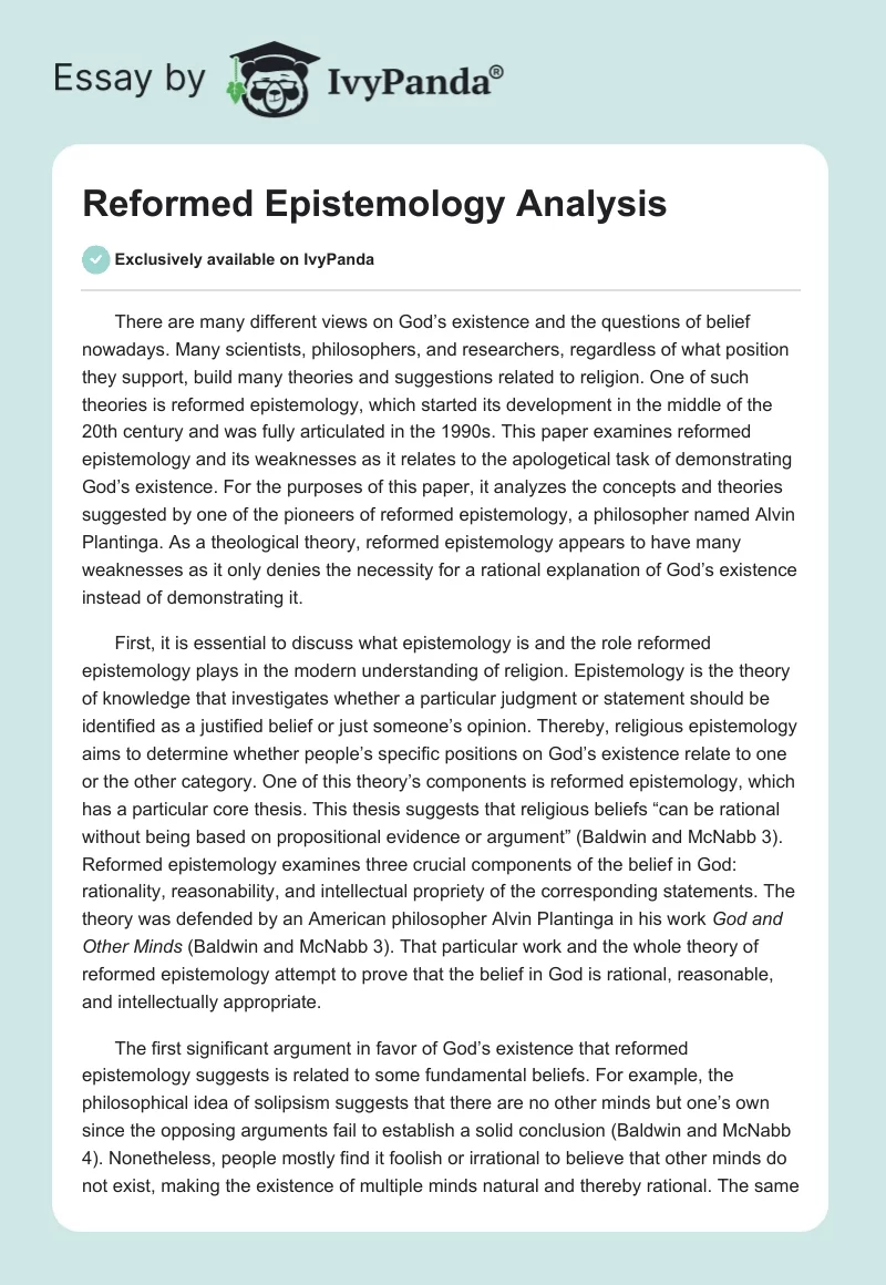Reformed Epistemology Analysis. Page 1