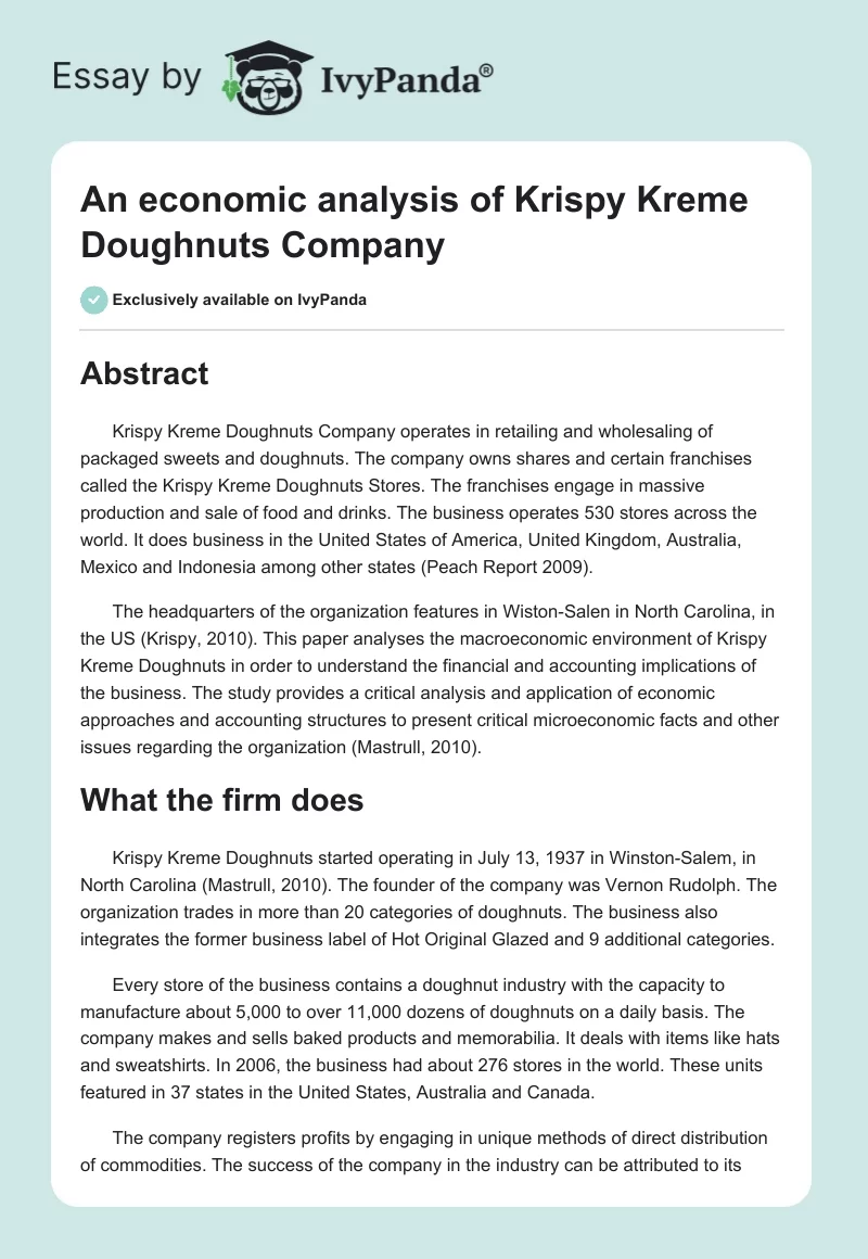 An economic analysis of Krispy Kreme Doughnuts Company. Page 1