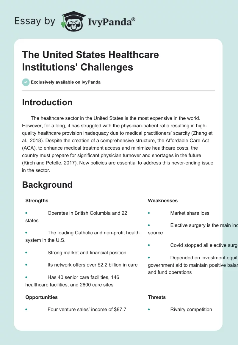 The United States Healthcare Institutions' Challenges. Page 1