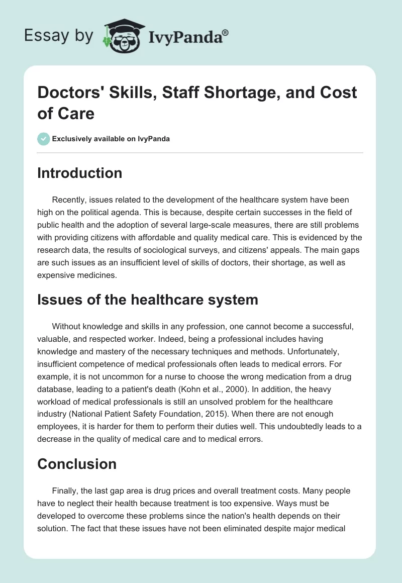 Doctors' Skills, Staff Shortage, and Cost of Care. Page 1