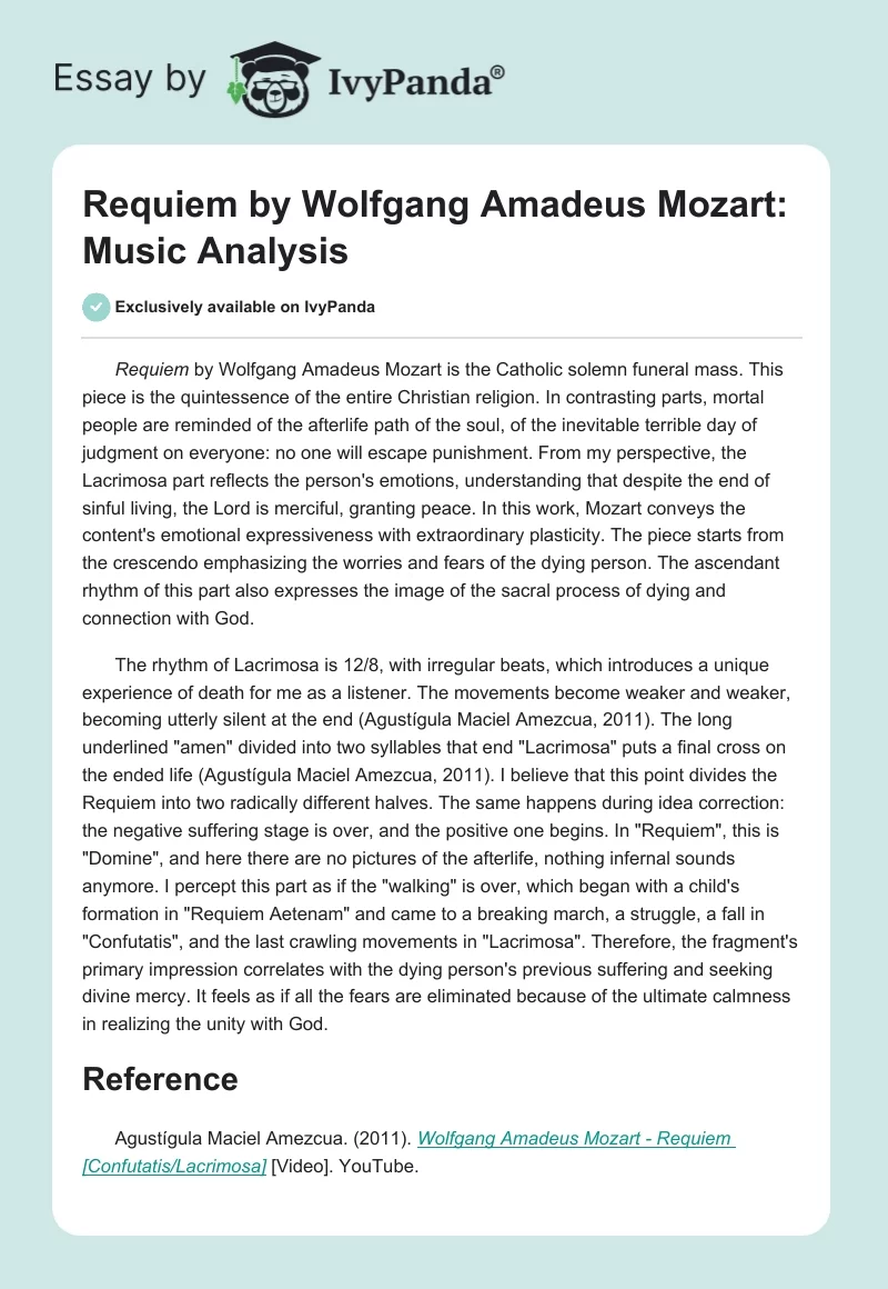 Requiem by Wolfgang Amadeus Mozart: Music Analysis. Page 1