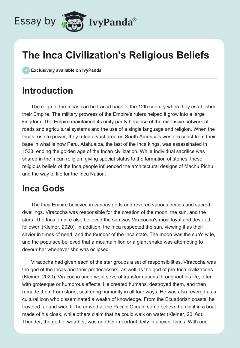 The Inca Civilization's Religious Beliefs. Page 1