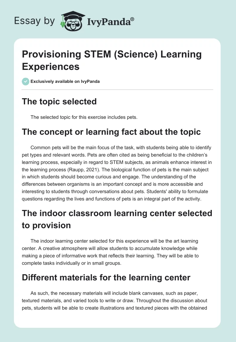 Provisioning STEM (Science) Learning Experiences. Page 1