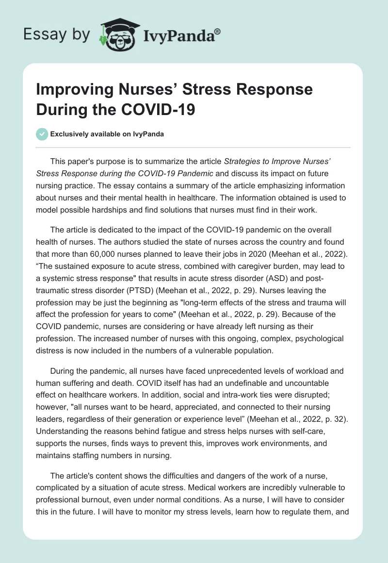 Improving Nurses’ Stress Response During the COVID-19. Page 1