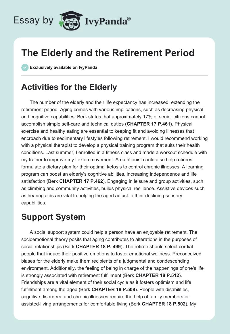 The Elderly and the Retirement Period. Page 1