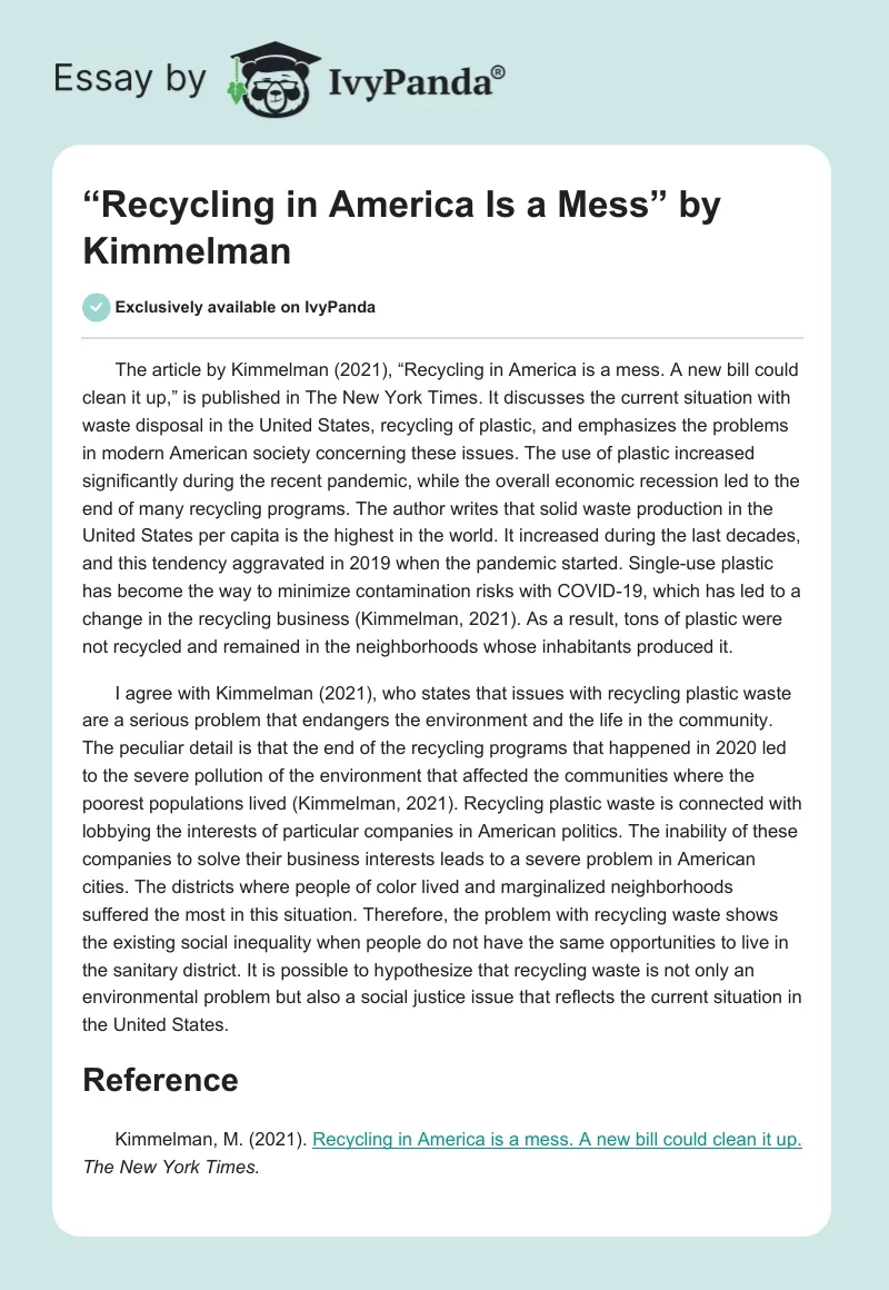 “Recycling in America Is a Mess” by Kimmelman. Page 1