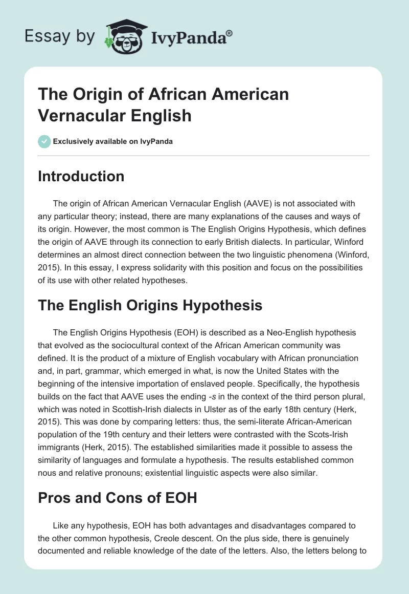 The Origin of African American Vernacular English. Page 1
