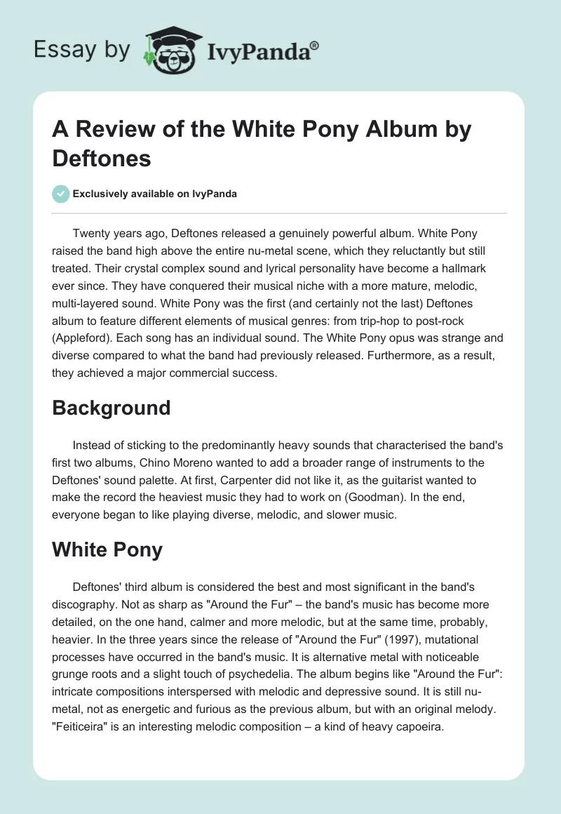 A Review of the White Pony Album by Deftones. Page 1