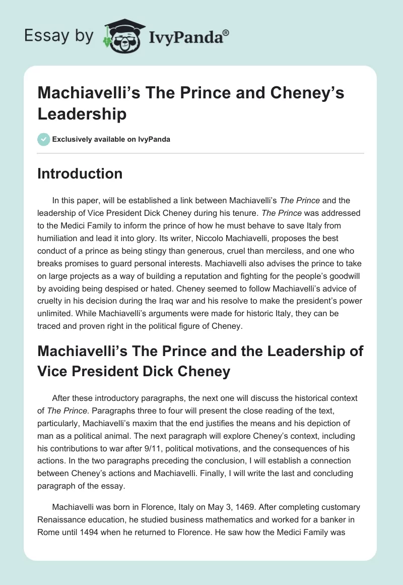 Machiavelli’s The Prince and Cheney’s Leadership. Page 1