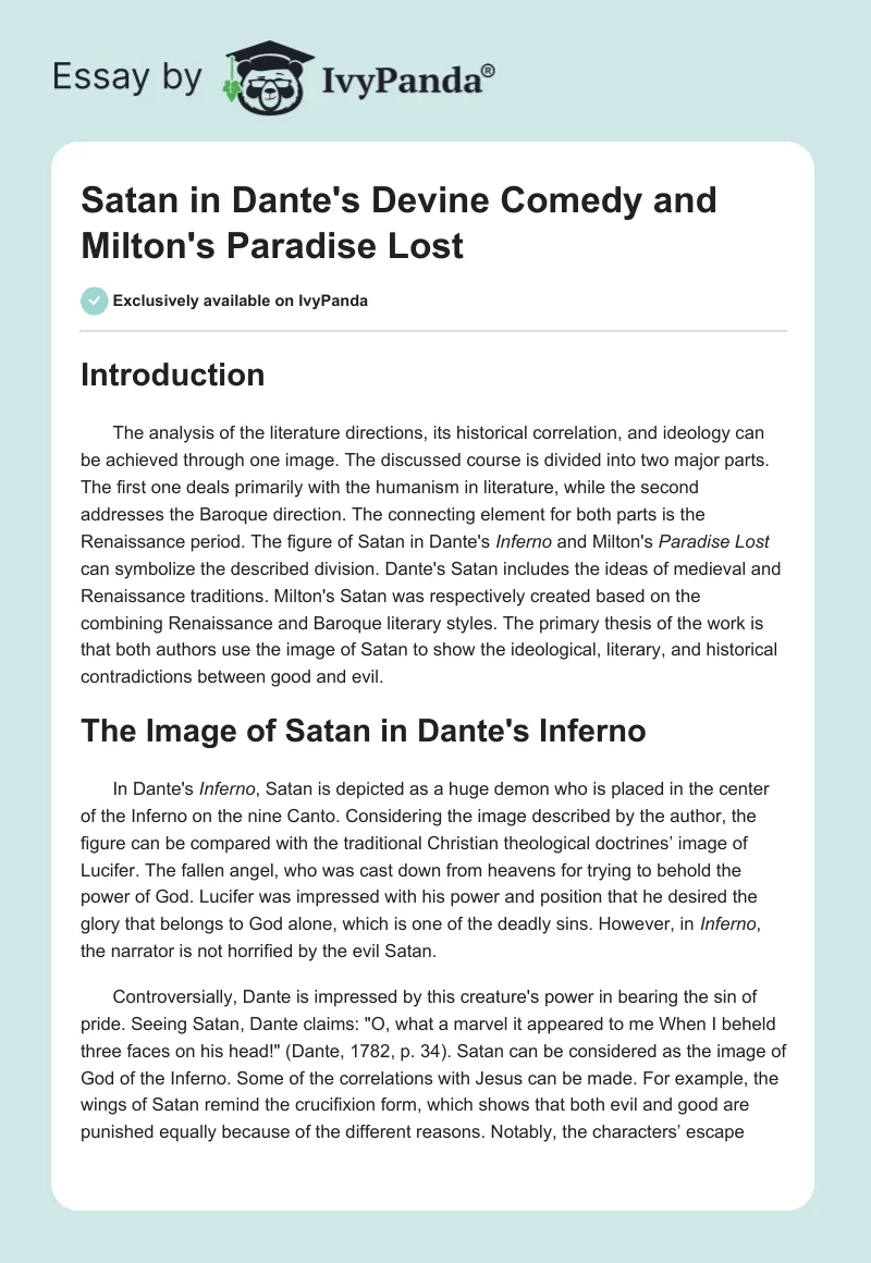 Satan in Dante's "Devine Comedy" and Milton's "Paradise Lost". Page 1