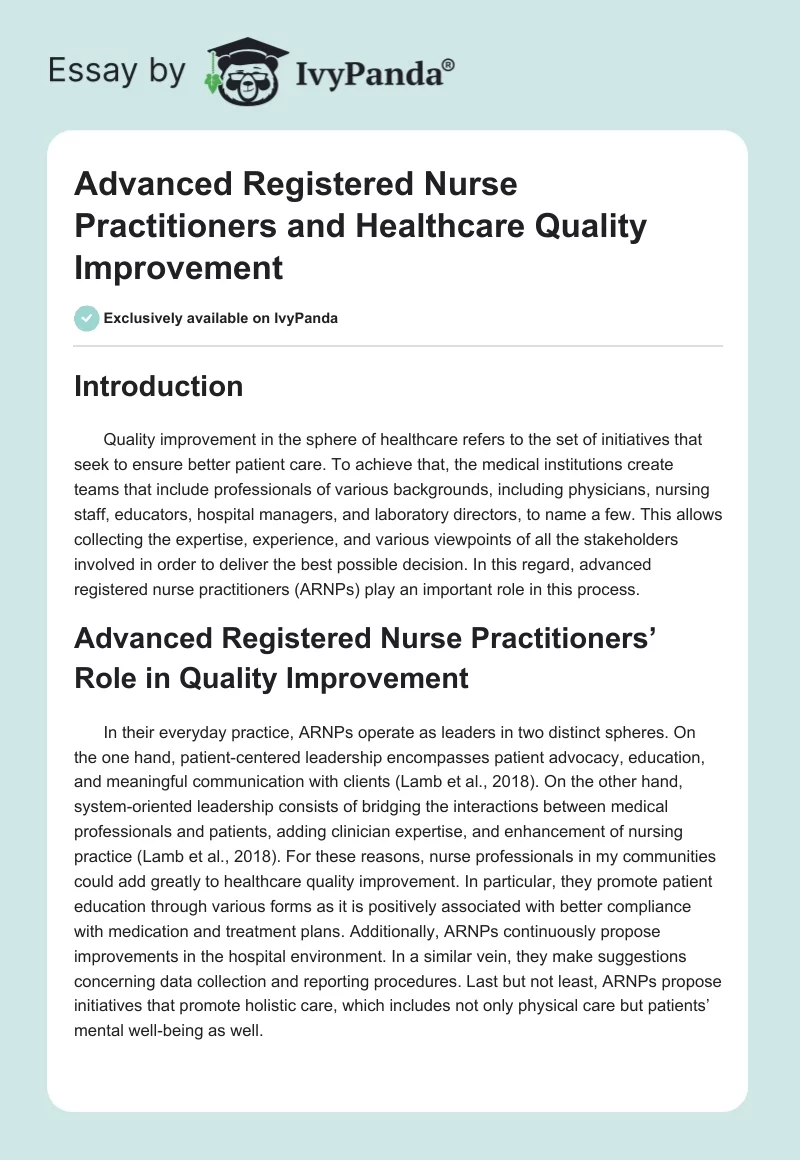Advanced Registered Nurse Practitioners and Healthcare Quality Improvement. Page 1