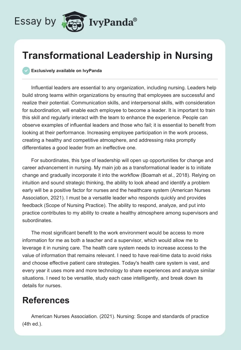 transformational leadership nursing essay