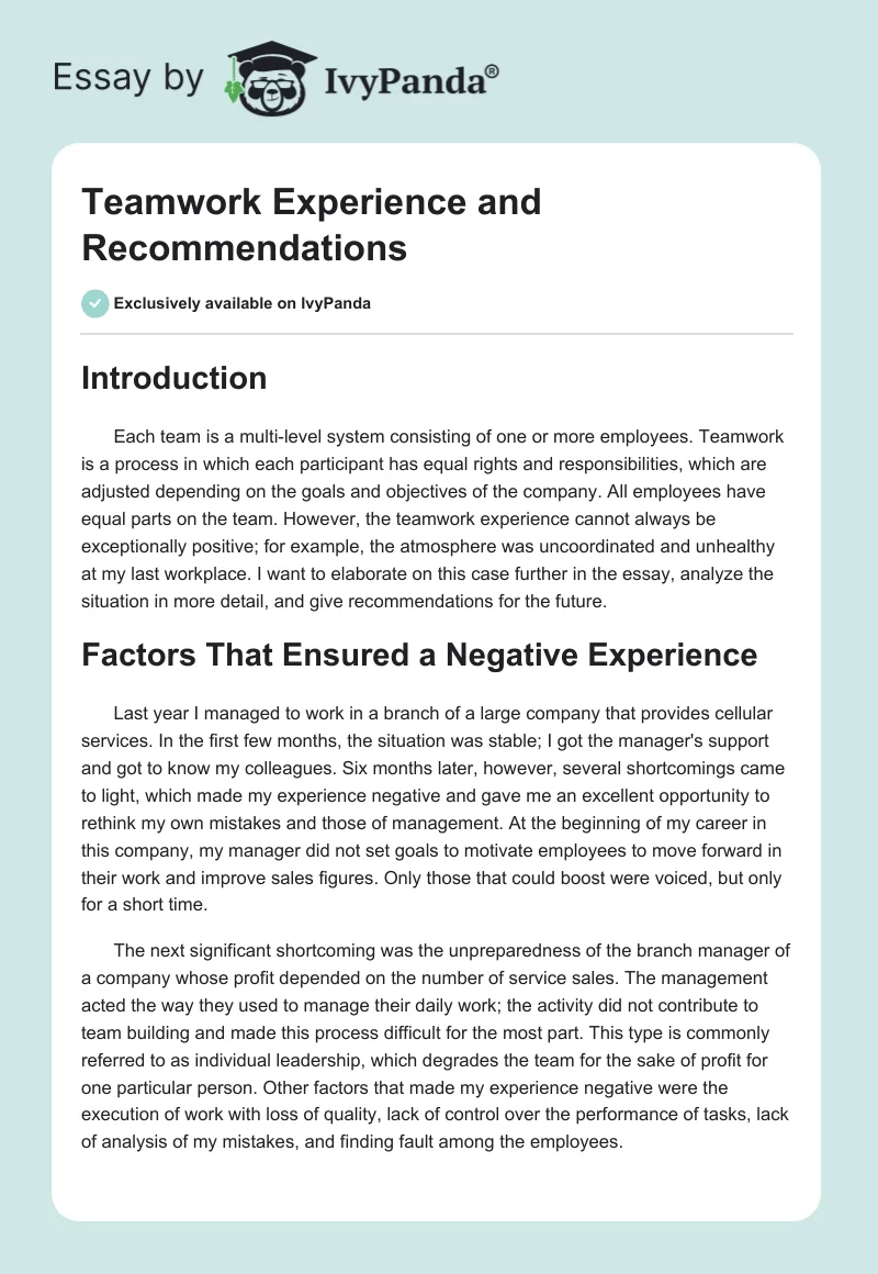 Teamwork Experience and Recommendations. Page 1