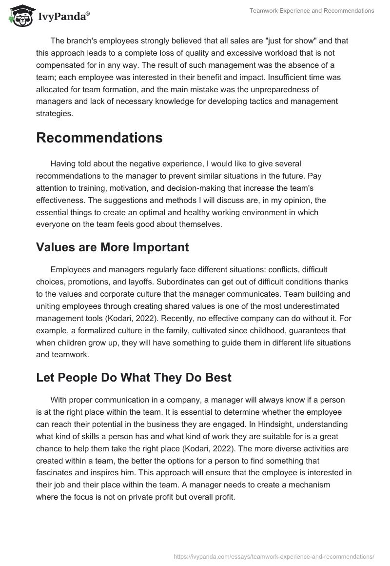 Teamwork Experience and Recommendations. Page 2