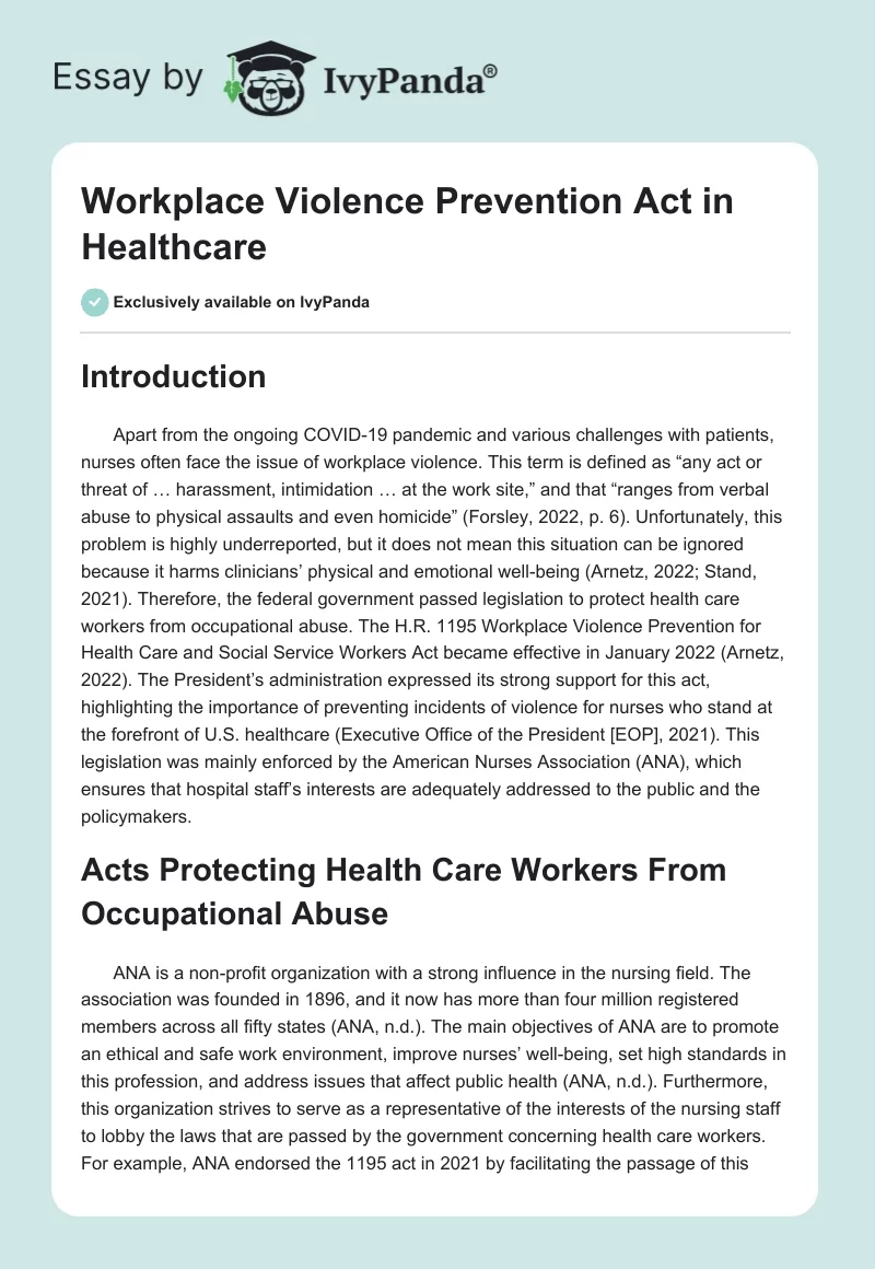 Workplace Violence Prevention Act in Healthcare. Page 1