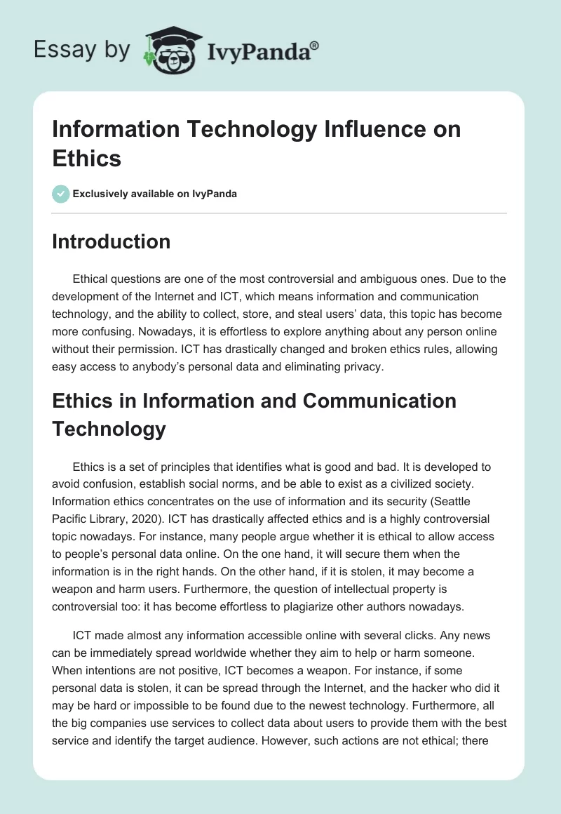 Information Technology Influence on Ethics. Page 1